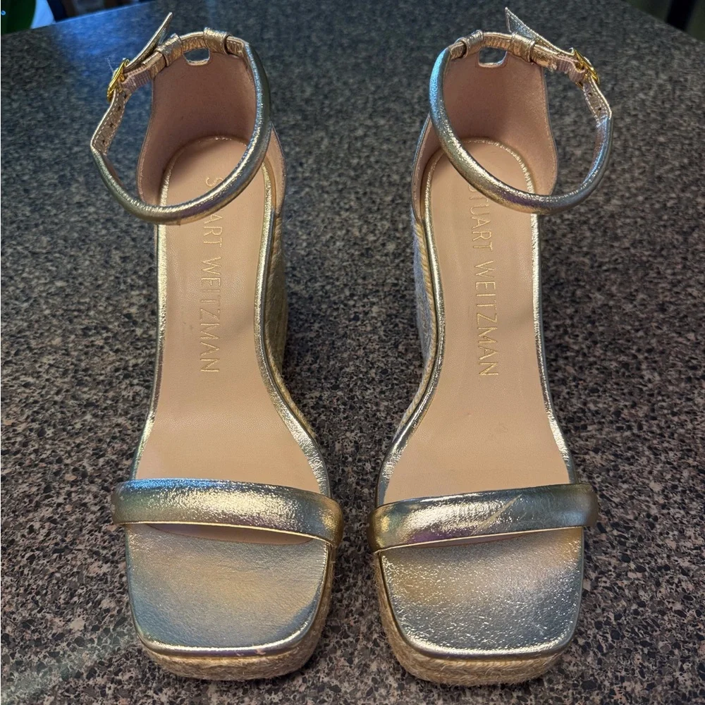 “STUART WEITZMAN”  Nudist Metallic Gold Espadrille Wedge Sandal - Picture 6 of 16